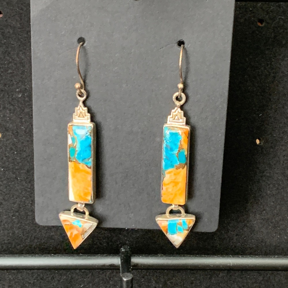 925 Sterling Silver Spiny Oyster Turquoise Geometric Drop Dangle Earrings Arrow